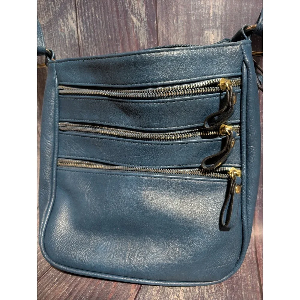 Bueno Blue Faux Leather Crossbody Bag with Multiple Zipper Pockets